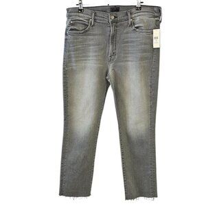 MOTHER The Rascal Mid-Rise Ankle-Fray Jeans, Noted, Grey Wash, Stretch Denim, 34